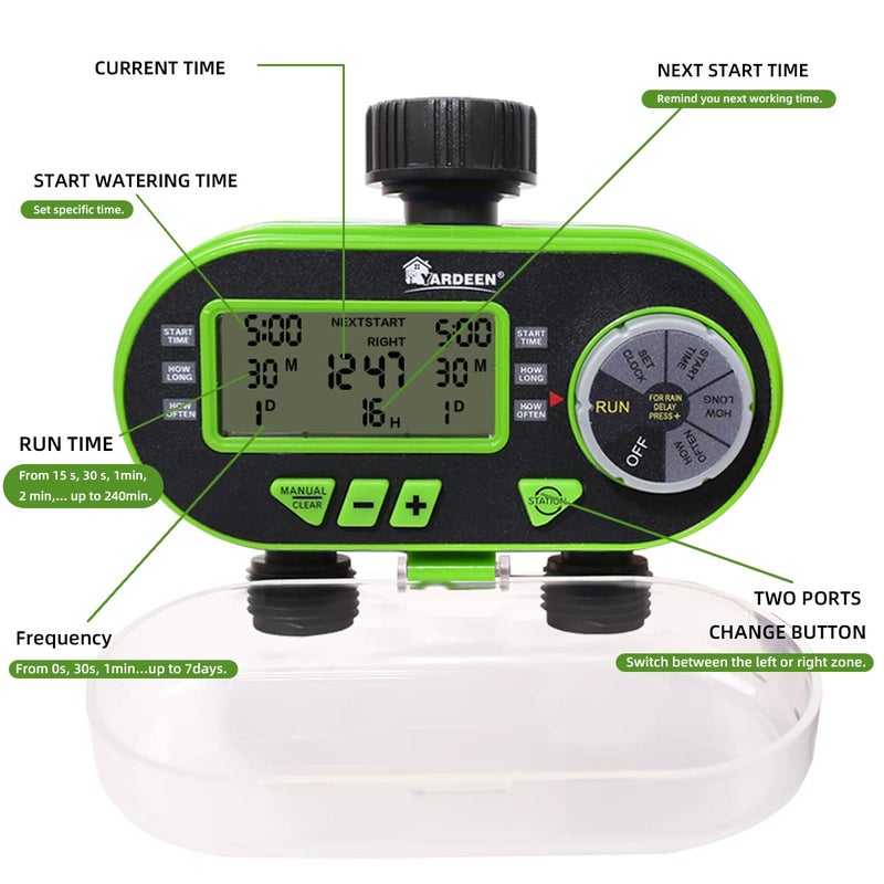 Yardeen 2 Outlet Garden Digital Electronic Water Timer Irrigation Controller for Garden Yard, Green - Image 4